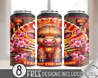Lunar New Year 4 in 1 Can Cooler Wrap, Highland Cow 4in1 Tumbler PNG, Year of Dragon 16 Oz Can Cooler Sublimation Design Seamless File