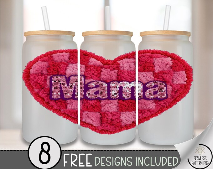 Mama Heart Glass Can Wrap, Latch Hook Yarn Crochet 16oz Glass Tumbler Sublimation Design, Valentine's Day PNG File A820