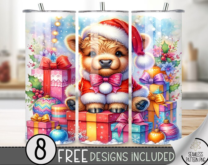 Cute Highland Cow Santa Tumbler Wrap,Seamless Xmas Holiday Sublimation Design PNG,Santa Claus Presents 20 OZ Sublimation Tumbler Design File