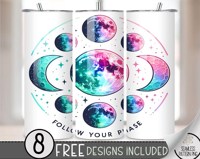 Moon Phase Tumbler Wrap, Neon Moon 20 Oz Skinny Tumbler Sublimation Design, Celestial Png Tumbler Wrap,Outer space PNG File Instant Download