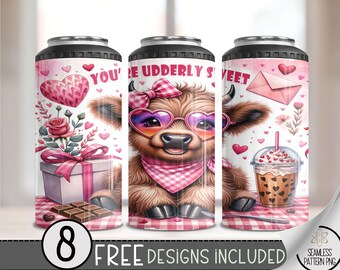 Highland Cow Valentine 4in1 Can Cooler Wrap, Winter Sublimation Design, Vday 16 Oz Slim, Cute 4 in 1 Tumbler PNG,Valentines 16 Oz Can Cooler
