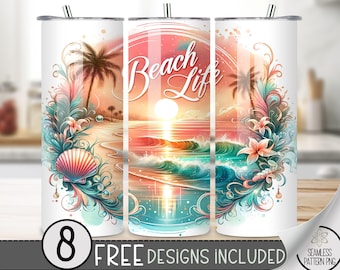 Beach Life Tumbler Wrap, Ocean 20 Oz Skinny Tumbler PNG Template, Sea 20Oz Straight Tumbler File, Vacation Sublimation Tumbler Design