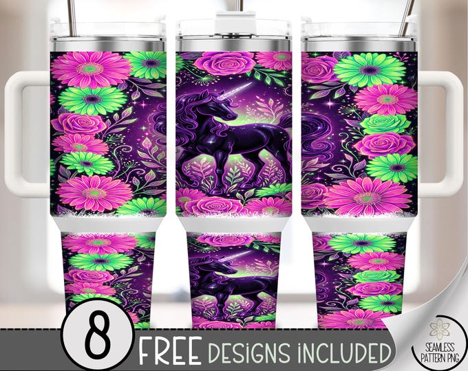 Magical Unicorn 40oz Tumbler Wrap, Neon Floral Sublimation Design, Digital Download, B10509