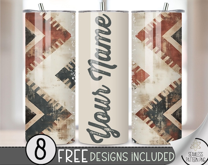Aztec Tumbler Wrap, Personalize Add Your Name Design, 20 Oz Sublimation Tumbler Design Seamless File, Faded Southwestern Tumbler PNG