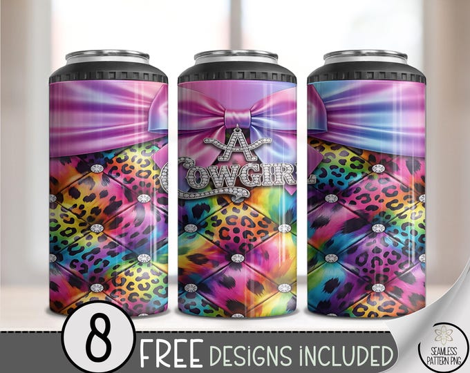 Cowgirl PNG Leopard Rhinestone Sublimation Design, 4-In-1 Can Cooler Wrap, Digital Download, B986