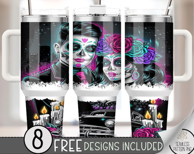 LA Chicano Cholo Couple 40oz Tumbler Wrap, Chicano Style Lowrider Tumbler Sublimation Design, LA Sugar Skull 40oz Quencher Tumbler Wrap PNG