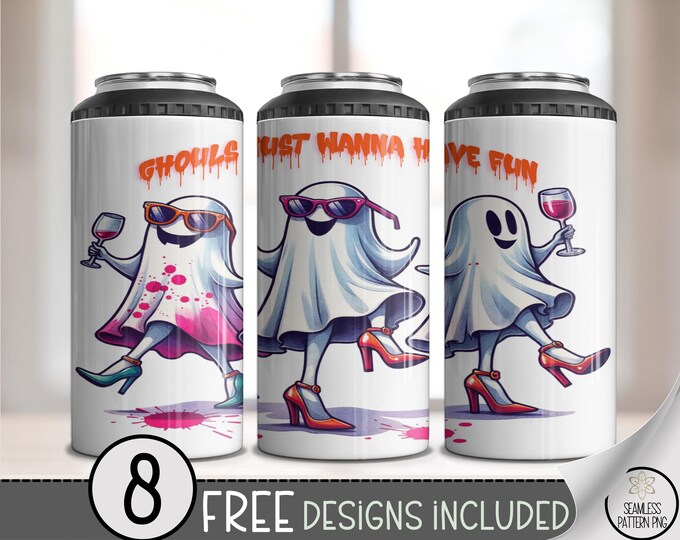 Halloween Ghoul Can Cooler Wrap, Fun Party Ghost Design, 4 in 1 Beverage Holder, Spooky Drink Wrap File for Fall Festivals, A440