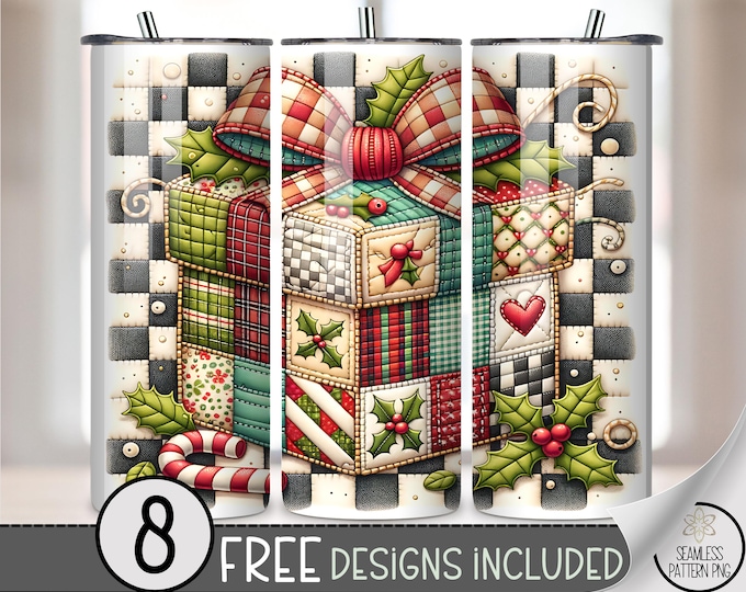 Vintage Christmas Gift Box 20 oz Tumbler Wrap, Cheerful Holiday Patchwork Design with Holly, Candy Canes, Stripe & Plaid, A465