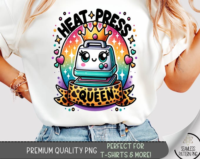 Heat Press Queen Shirt PNG, Kawaii Rainbow Glitter Heat Press Sublimation, Craft Life Tee Design with Leopard Bow and Crown, A342