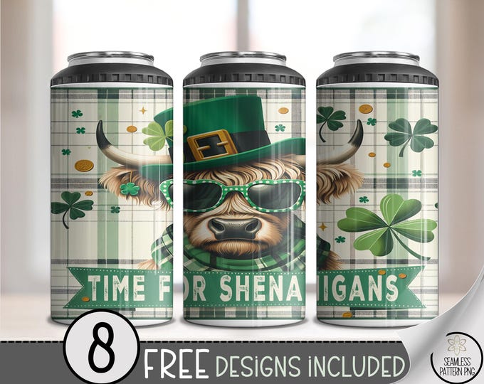 St. Patrick's Day 4in1 Can Cooler Wrap, Highland Cow Sublimation Design, Funny 16 oz 4-in-1 File, Cute Irish Theme, A798