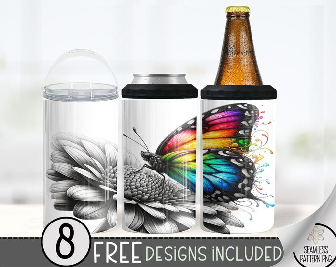Floral Butterfly Hard Can Cooler Design, Rainbow 16oz Slim Can Cooler PNG, Butterfly 4in1 Can Cooler Tumbler Wrap, Flower Stubby Can Wrap