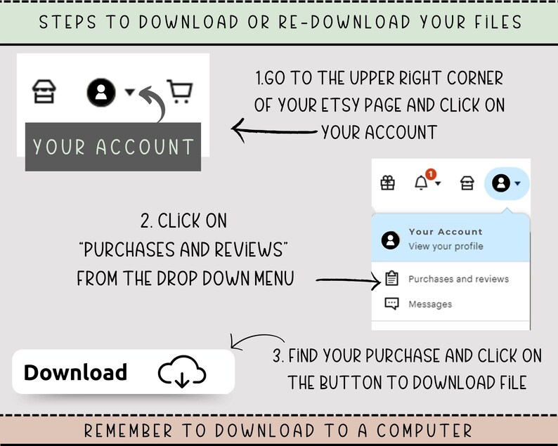 May include: A step-by-step guide on how to download files from Etsy. The guide includes instructions to go to your account, click on purchases and reviews, and download the file. The word "Download" is displayed with a cloud icon.