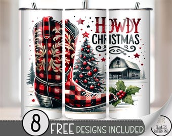 Howdy Christmas 20 oz Tumbler Wrap, Western Sublimation Design for Skinny Tumblers, Buffalo Check Country Holiday PNG Files A683