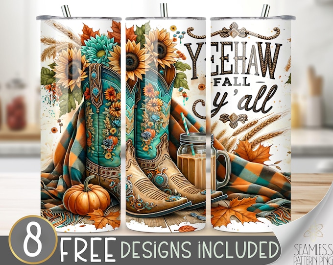 Yeehaw Its Fall Yall Tumbler Wrap, Sunflower Cowgirl Boots Design, Country Cozy Fall Leaves 20oz Sublimation PNG, Rustic Fall Wrap PNG