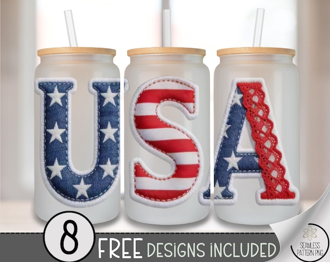 Patriotic Glass Can Wrap, Faux Patchwork 16oz Tumbler Sublimation Design, Americana PNG File, (Digital Download) B10182