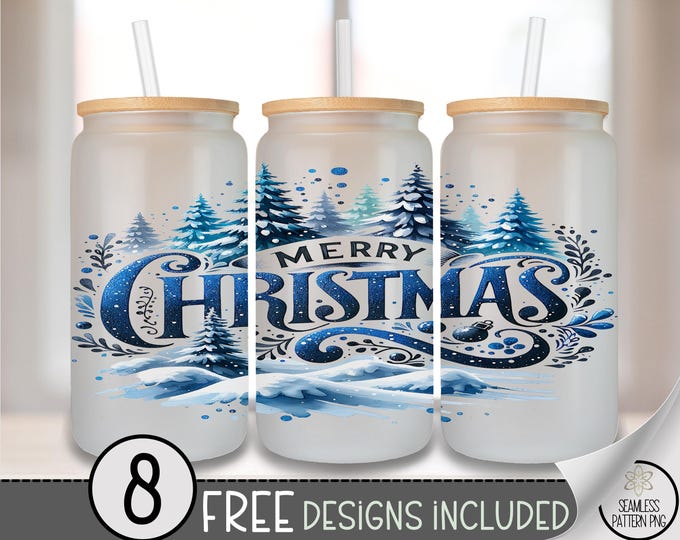 Festive Glass Can Wrap, Wintry 16oz Glass Tumbler Sublimation Design, Digital Download, Christmas Holiday PNG File, Merry Christmas PNG A537