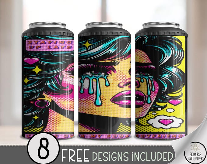 Staying Up Late Pop Art 4-in-1 Can Cooler Wrap, Funny Retro Comic Gift For Friends, Neon Edgy Humor, B864