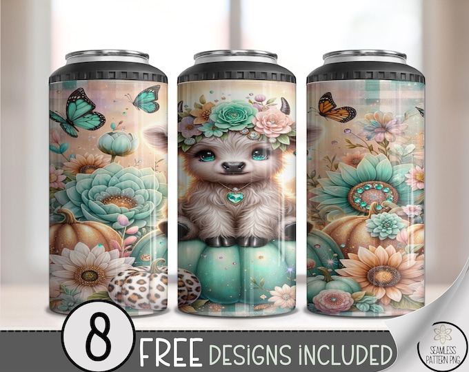 Fall Cow 4-in-1 Can Cooler Wrap, Cute Highland Cow Sublimation Design, 16 oz 4-in-1 File, B10310
