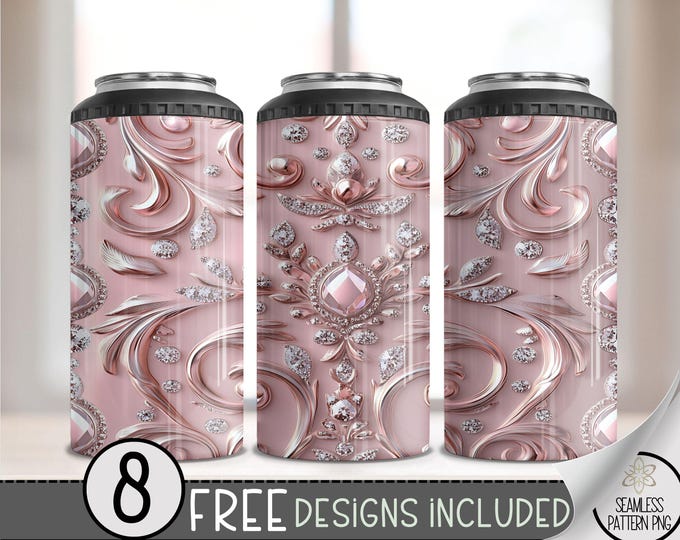 Elegant Rose Gold 4 in 1 Can Cooler Wrap, Jeweled 4in1 Tumbler PNG, Glamorous Pink 16 Oz Can Cooler Sublimation Design, Luxury Can PNG