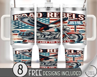 Road Rebels 40 oz Tumbler Wrap, Vintage Motorcycle Eagle Design, Patriotic Americana PNG, A625