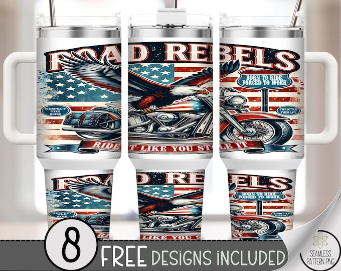 Road Rebels 40 oz Tumbler Wrap, Vintage Motorcycle Eagle Design, Patriotic Americana PNG, A625
