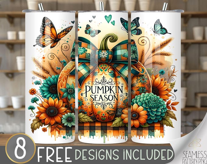 Pumpkin season tumbler wrap, cute pumpkin tumbler wrap, autumn pumpkin 20 oz tumbler design, coquette tumbler PNG, girly fall tumbler file