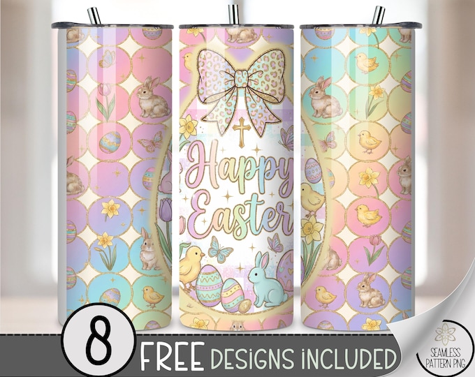 Happy Easter PNG, Cute Pastel 20 oz Tumbler Wrap, Seamless Sublimation Design, Digital Download, B10012