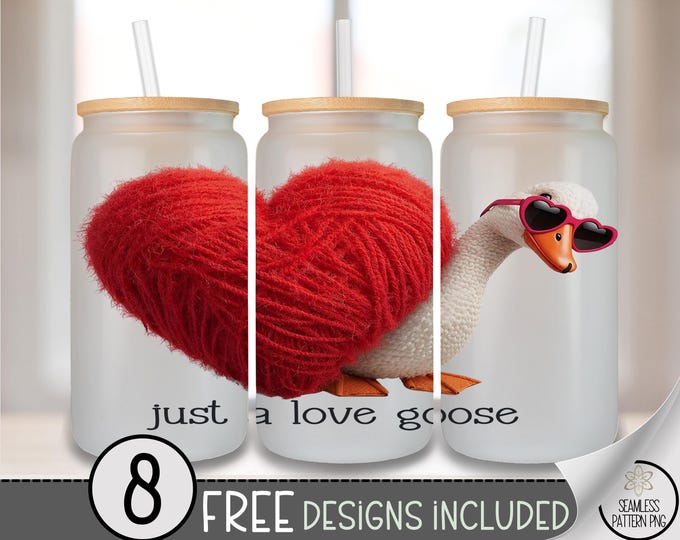 Love Goose Glass Can Wrap, Cute 16oz Glass Tumbler Sublimation Design, Valentine Goose PNG File, Faux Knit Design A692