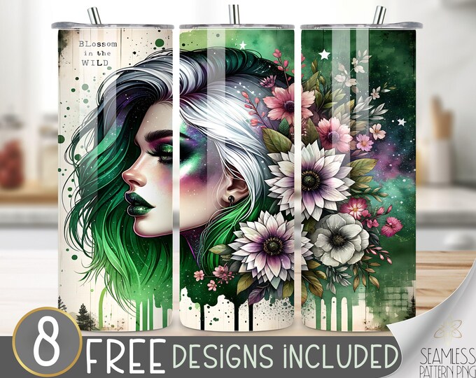 Boho Wildflower Goddess Tumbler Wrap, Cosmic Green Floral Fantasy Sublimation, Blossom in the Wild Design for 20oz Skinny Tumbler PNG
