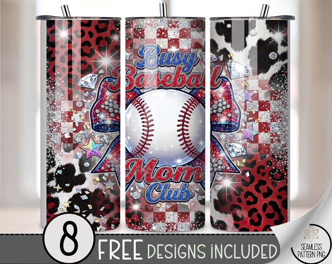 Busy Baseball Mom Club 20 oz Tumbler Wrap, Glamorous Sublimation Design for Straight Tumblers, Playful PNG Files for Crafting, B10066