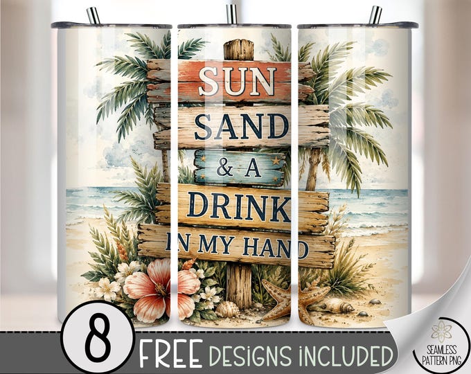 Beach 20 oz Tumbler Wrap, Tropical Sublimation Design for Straight Tumblers, Watercolor PNG Files, Digital Download, B10364