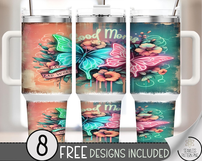 40oz Tumbler Wrap Butterfly Neon Floral, Funny Sublimation PNG with Grunge Look, Bright Floral Digital Wrap for Large Style Tumbler, A398