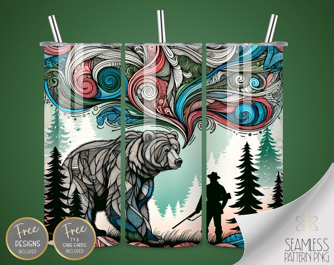 Zentangle PNG Tumbler Wrap, 20 Oz Skinny Sublimation Tumbler Design, Watercolor Grizzly Bear Seamless Design, Hunting Instant Download
