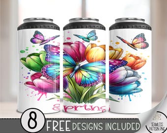 Tulip 4 in 1 Can Cooler Wrap, Spring 4in1 Tumbler PNG Floral Butterfly 16 Oz Can Cooler Sublimation Design Vibrant Butterfly Spring PNG, A98