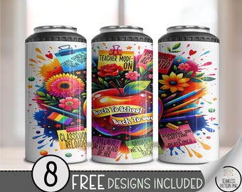 Back To School Back To Cool 4-in-1 Can Cooler Wrap PNG, Funny Teacher Sublimation, Apple Pencil Rainbow Design, Classroom Life Design, A333