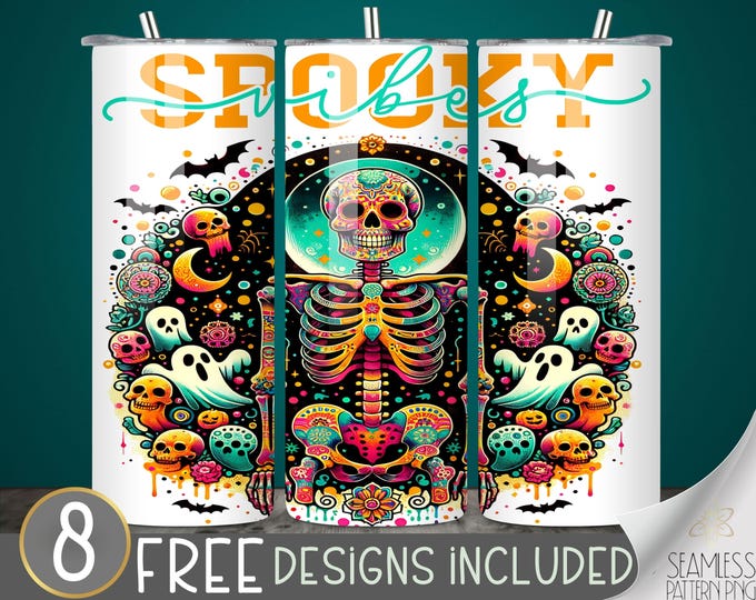 Skeleton Tumbler Wrap, Spooky Vibes Tumbler Wrap PNG, 20 oz Straight Sublimation Design, Trendy Colorful Skeleton Tumbler File, Teal Ghost