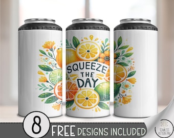Squeeze the Day 4-in-1 Can Cooler Wrap PNG, Citrus Fruit Summer Sublimation Design, Lemon Lime Orange Tumbler Wrap,Cheerful Floral PNG, A391