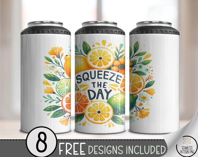 Squeeze the Day 4-in-1 Can Cooler Wrap PNG, Citrus Fruit Summer Sublimation Design, Lemon Lime Orange Tumbler Wrap,Cheerful Floral PNG, A391
