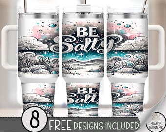 Be Salty 40 oz Beach Tumbler Wrap PNG, Pastel Ocean Waves, Coral & Shells, 40oz Summer Coastal Sublimation PNG for Sea Lover Tumblers, A303
