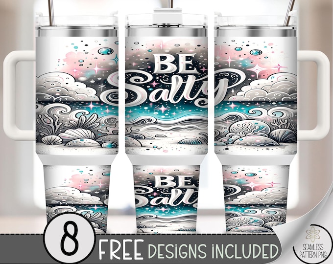 Be Salty 40 oz Beach Tumbler Wrap PNG, Pastel Ocean Waves, Coral & Shells, 40oz Summer Coastal Sublimation PNG for Sea Lover Tumblers, A303