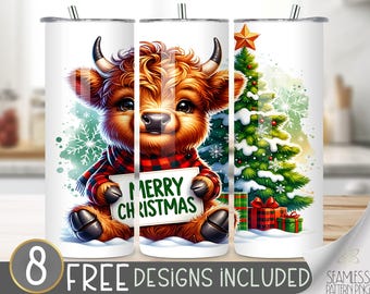 Cute Highland Cow Tumbler Wrap, Christmas Cow 20oz Skinny Sublimation Tumbler Design, Merry Christmas Tumbler Wrap, Xmas Tumbler Wrap File