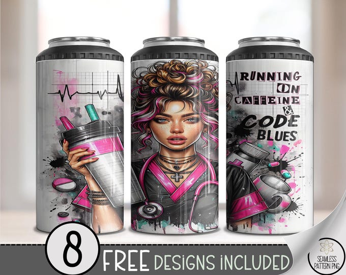 Running On Caffeine Nurse 4-in-1 Can Cooler Wrap, Sarcastic Nurses Who Love Coffee, Digital Download, B943
