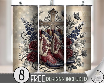 Western Cowboy Boots 20 oz Tumbler Wrap, Patriotic Sublimation Design for Straight Tumblers, Vintage PNG Files, Digital Download, B10468
