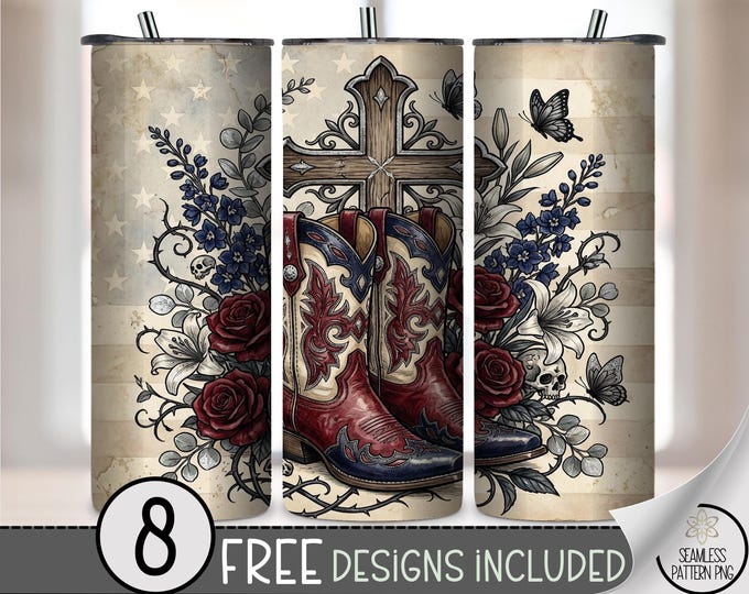Western Cowboy Boots 20 oz Tumbler Wrap, Patriotic Sublimation Design for Straight Tumblers, Vintage PNG Files, Digital Download, B10468