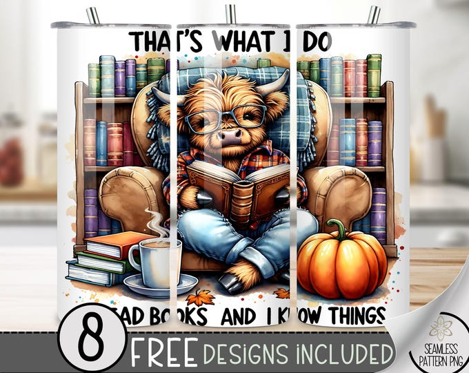 Highland Cow Tumbler Wrap, Book Stack 20 oz Tumbler Sublimation Designs, Pumpkin Spice Cow Tumbler File, Cute Highland Cow Tumbler Design