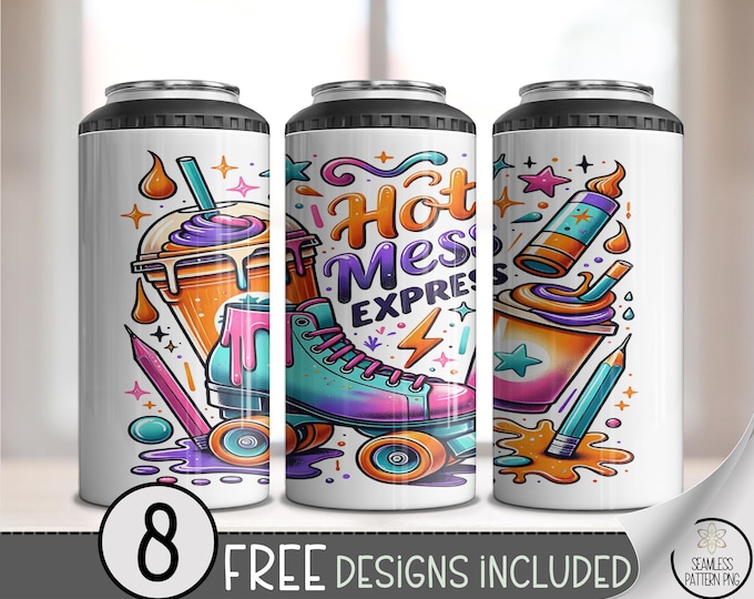 Hot Mess Express 4-in-1 Can Cooler Wrap PNG, Neon Roller Skate Sublimation Design, Colorful Retro Craft Life Tumbler PNG, A350