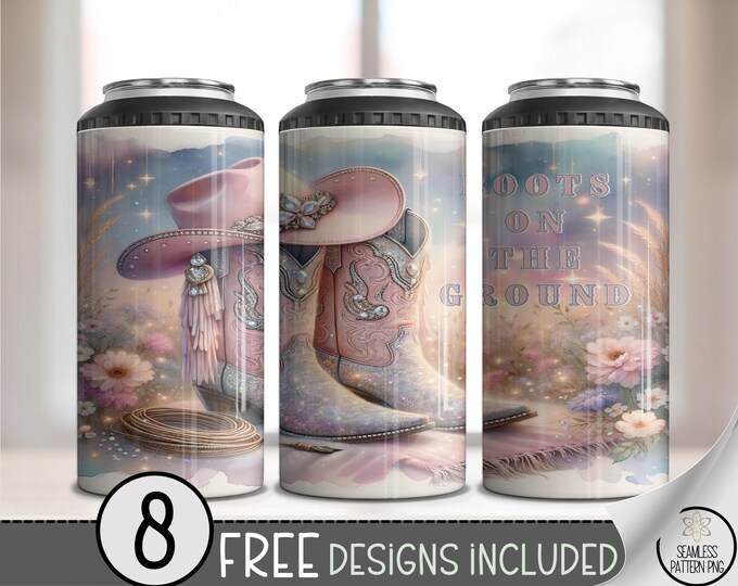 Boots On The Ground 4-in-1 Can Cooler Wrap PNG, Pink Sparkly Cowgirl Boots Hat and Floral Western Country Sublimation Tumbler Design, A306