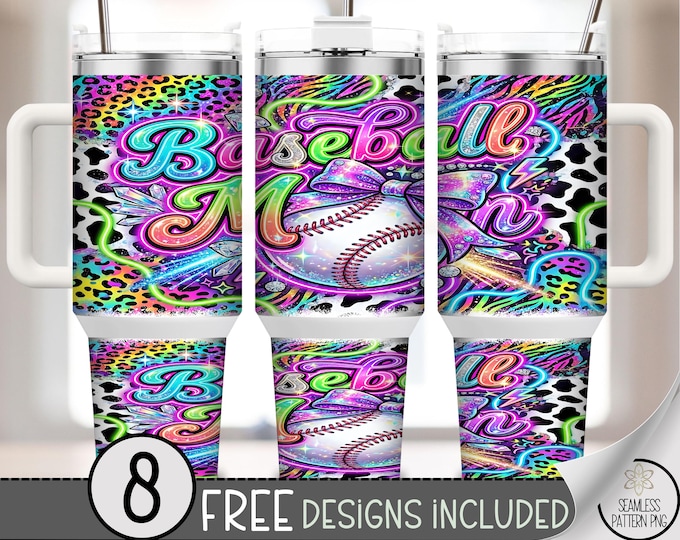 Baseball Mom 40 oz Tumbler Wrap, Neon Baseball Sublimation Design, Rhinestone Baseball PNG File, Glam 40oz Tumbler Design, B10054