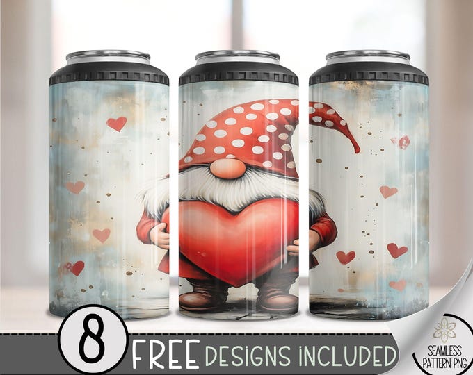 Seamless Valentine Gnomes 4in1 Can Cooler Wrap, Vday Sublimation Design, Love 16 Oz Can Cooler Design File, Cute Gnome 4 in 1 Tumbler PNG,