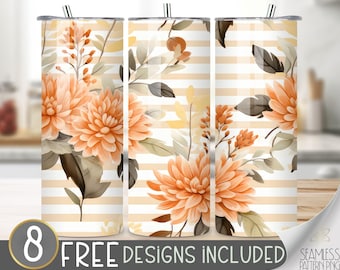 Fall Floral Tumbler Wrap, Autumn Dahlia Seamless Design, Autumn Flower Sublimation Tumbler Design PNG, Chrysanthemum 20 OZ Skinny Wrap PNG